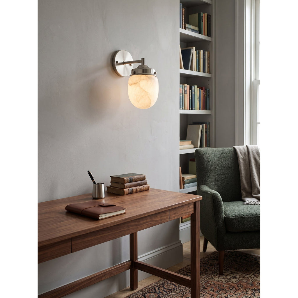 Bullet-shaped Alabaster Wall Sconce — additional product view, a bullet-shaped stone shade within stepped metal fittings (view 4)
