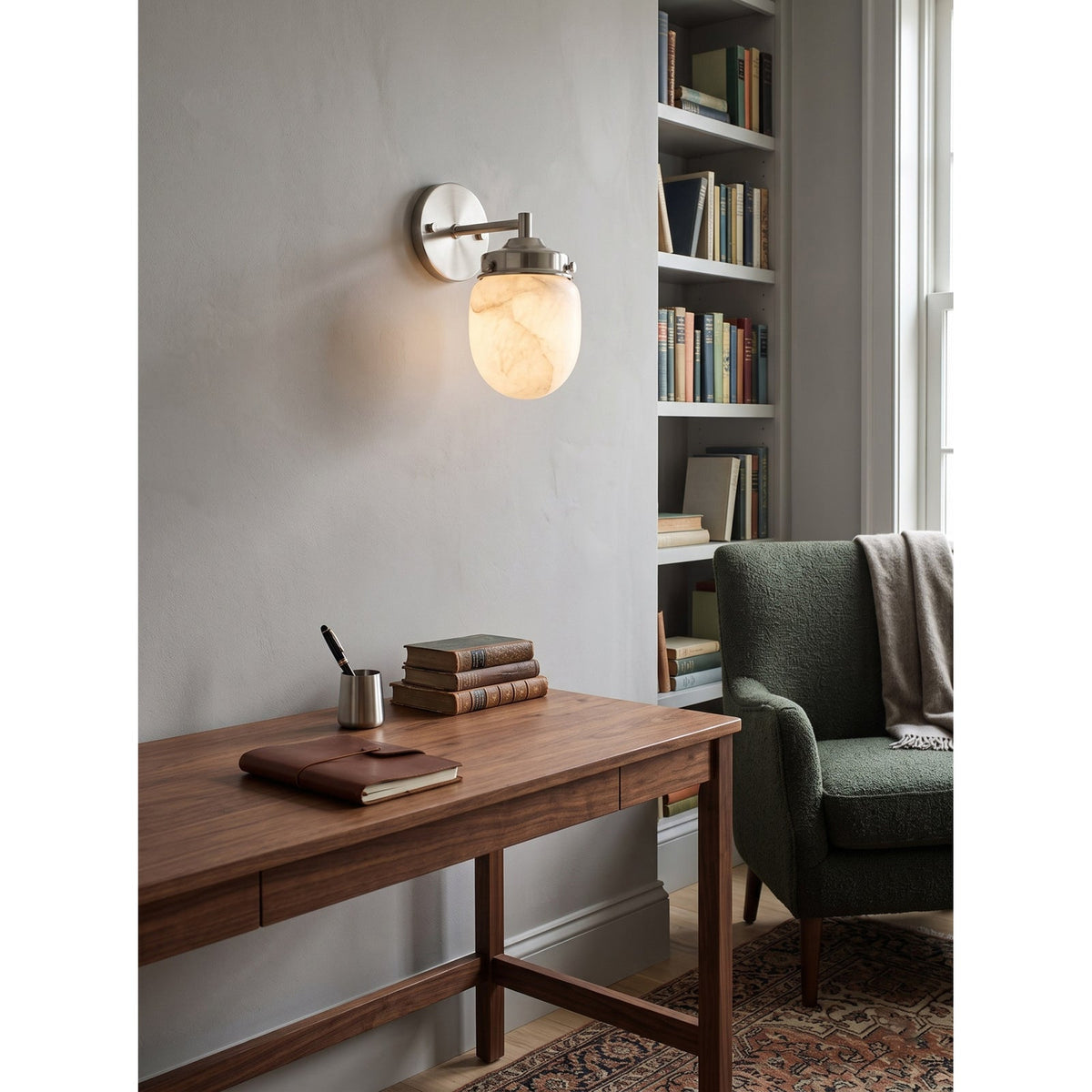 Bullet-shaped Alabaster Wall Sconce — additional product view, a bullet-shaped stone shade within stepped metal fittings (view 4)