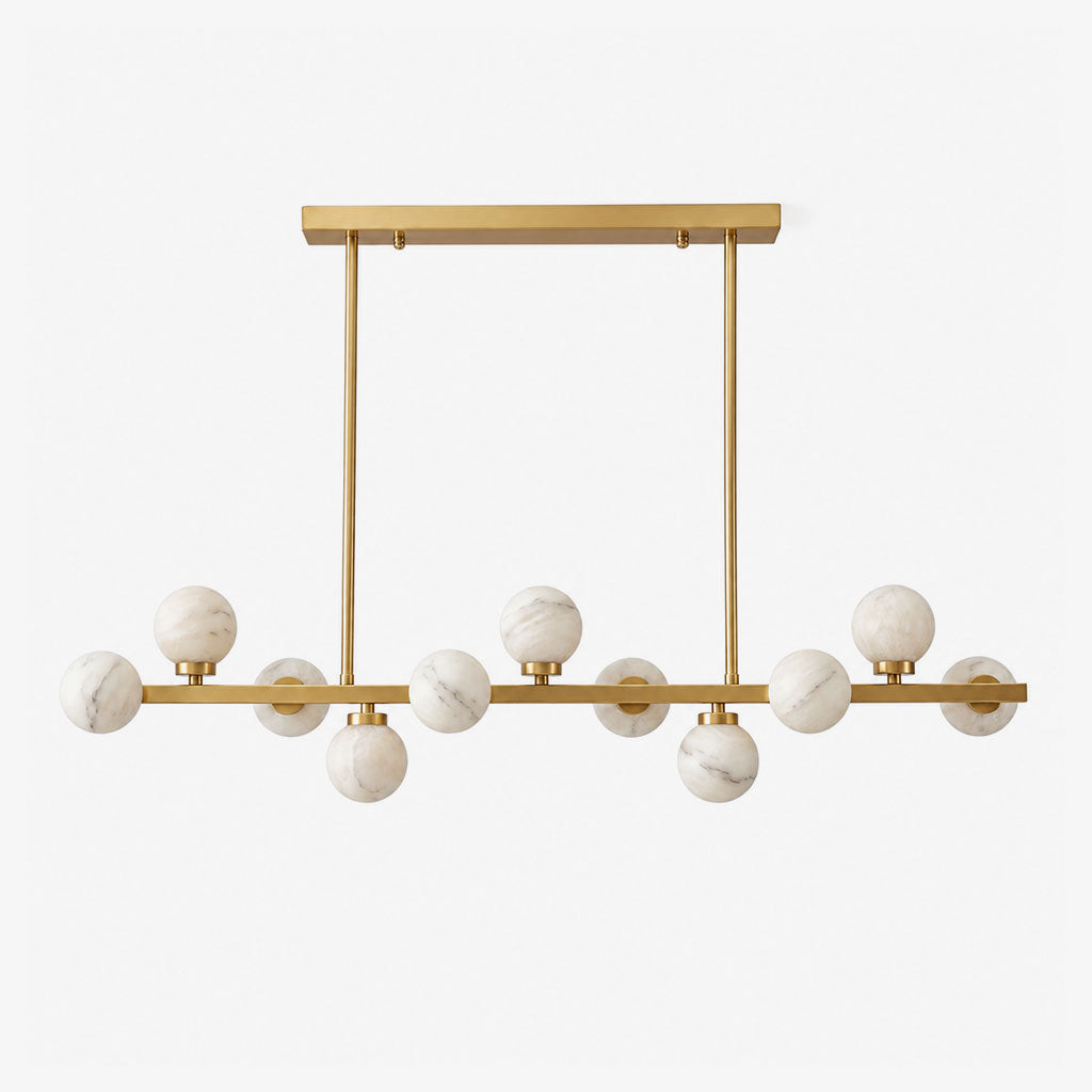 Calder Alabaster Chandelier — full fixture profile, globe shades arranged along a straight suspended bar (view 1)
