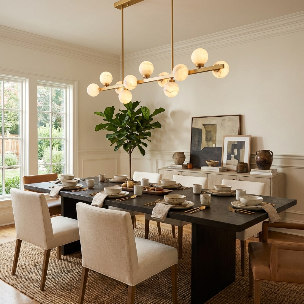 Calder Alabaster Chandelier — product setting and fixture profile, globe shades arranged along a straight suspended bar (view 2)