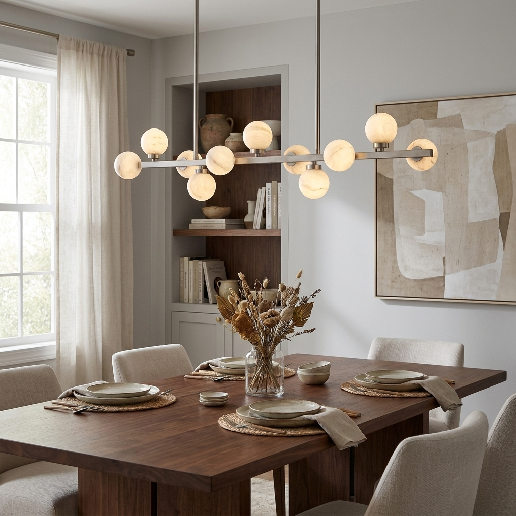 Calder Alabaster Chandelier — additional product view, globe shades arranged along a straight suspended bar (view 3)