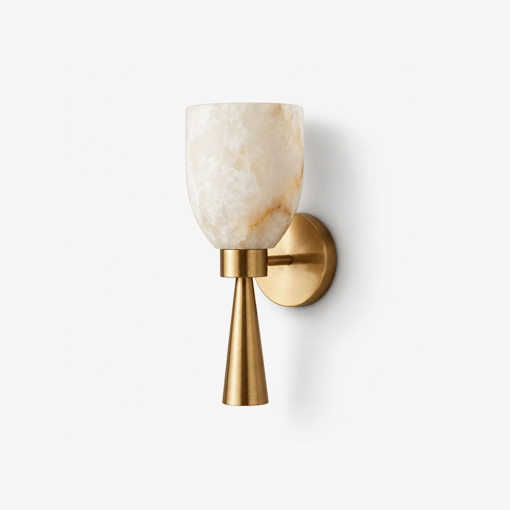 Calyra Alabaster Torch Wall Sconce — full fixture profile, an upward-facing stone cup on a tapered stem (view 1)