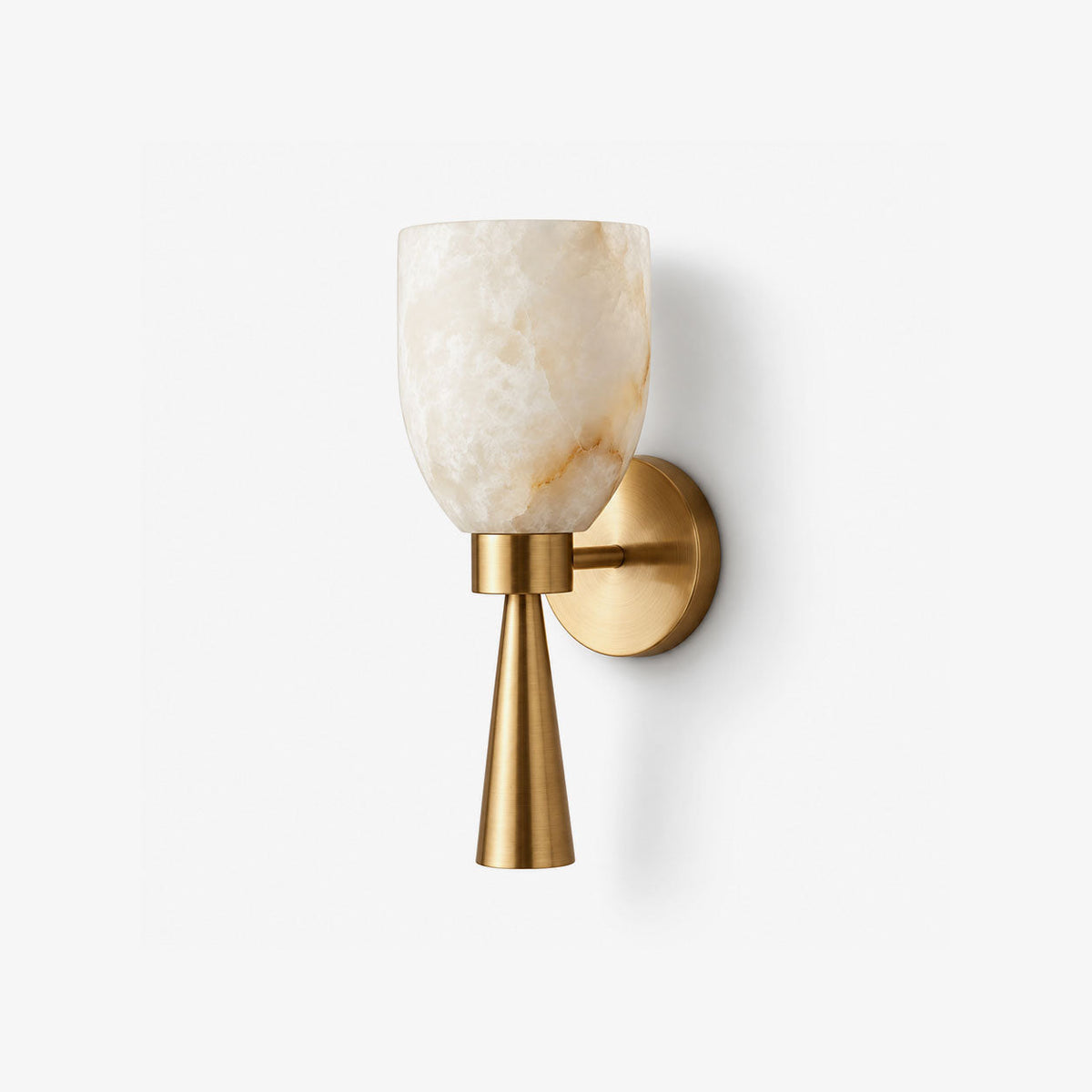 Calyra Alabaster Torch Wall Sconce — full fixture profile, an upward-facing stone cup on a tapered stem (view 1)