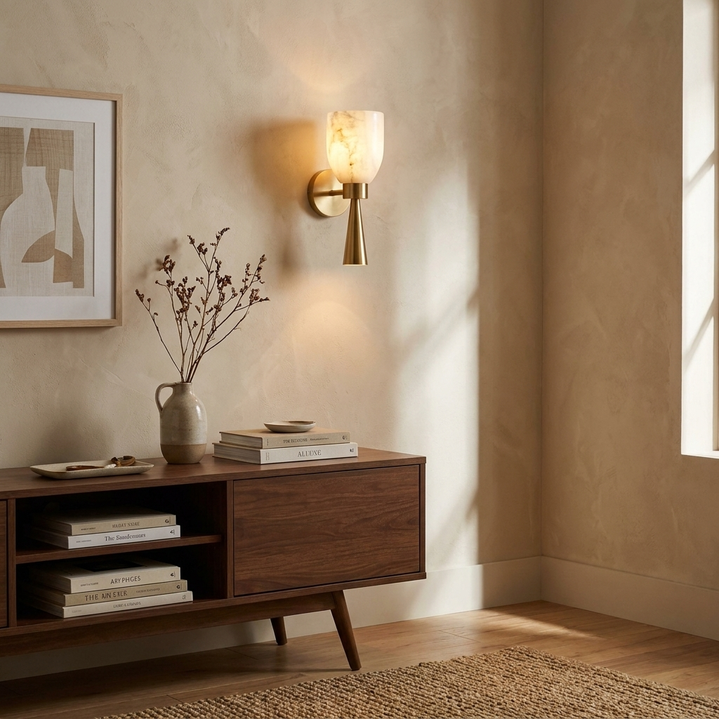 Calyra Alabaster Torch Wall Sconce — additional product view, an upward-facing stone cup on a tapered stem (view 3)
