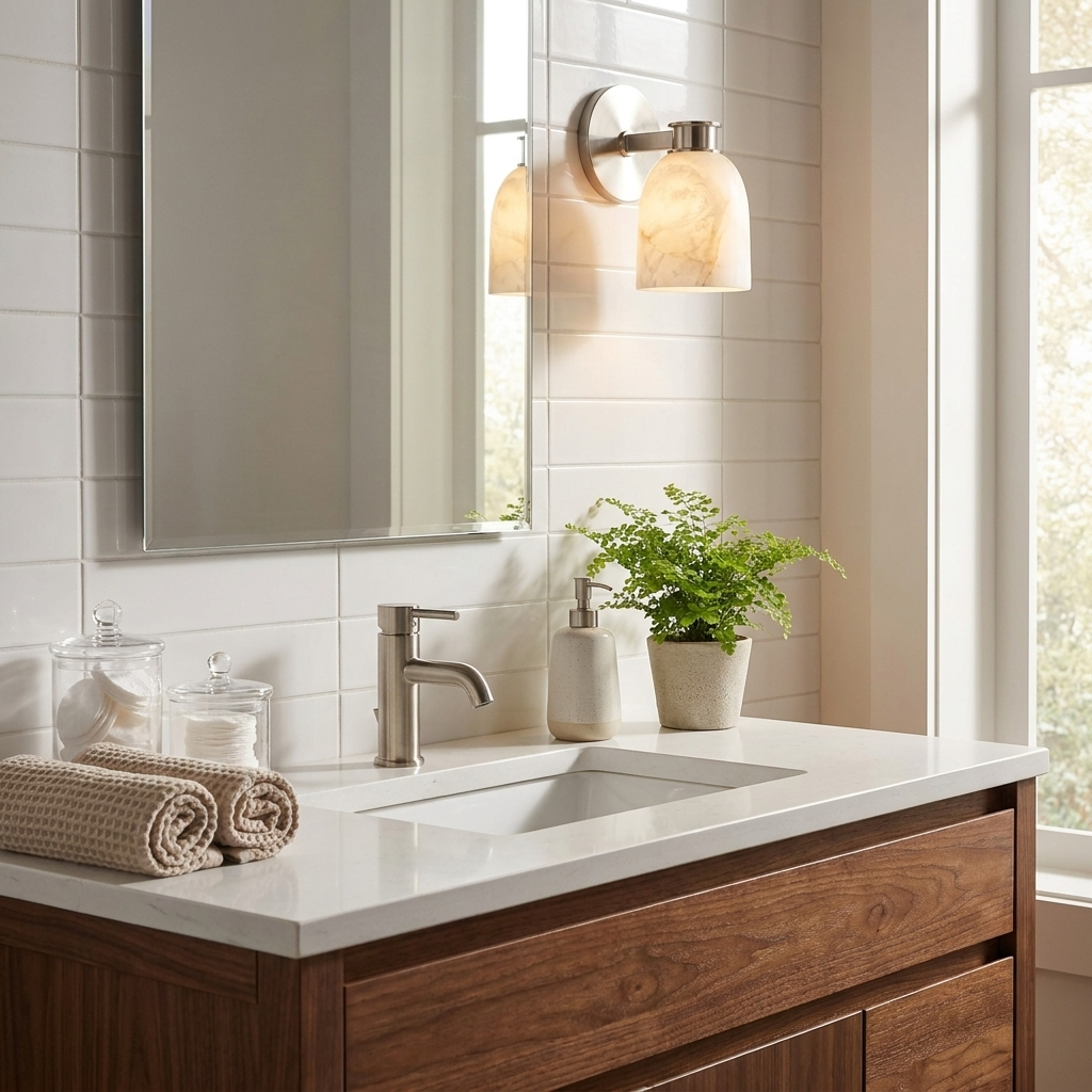 Calyx Alabaster Wall Sconce — product setting and fixture profile, a bell-shaped stone shade beneath a short straight arm (view 2)
