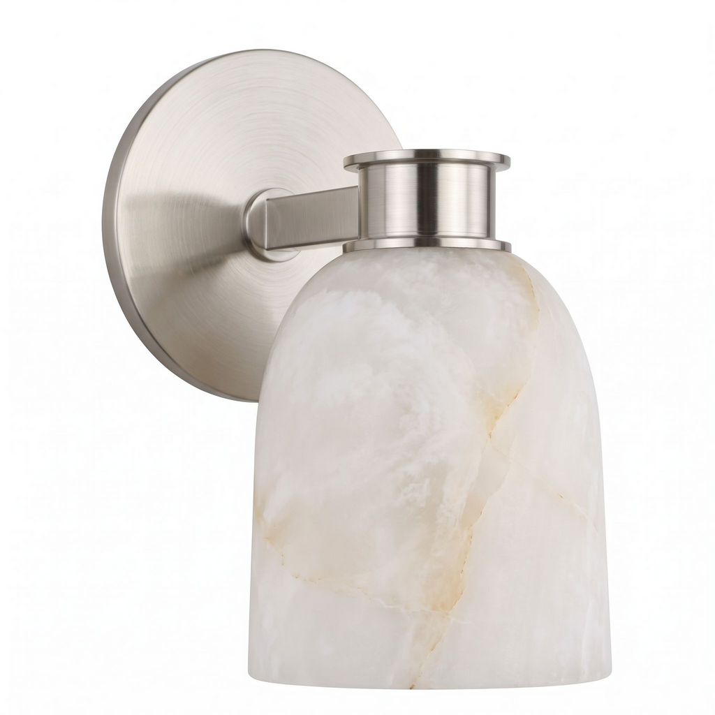 Calyx Alabaster Wall Sconce — additional product view, a bell-shaped stone shade beneath a short straight arm (view 5)