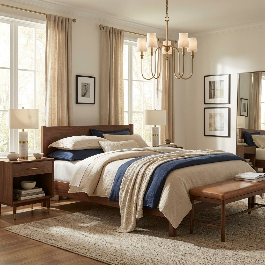 Catenary five-light chandelier installed over a bedroom
