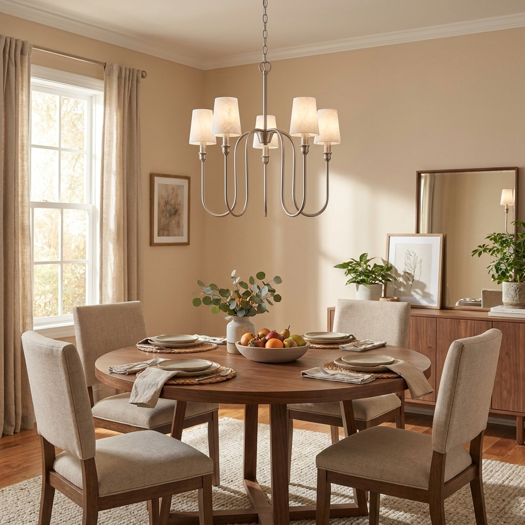 Catenary five-light chandelier hanging above a round dining table
