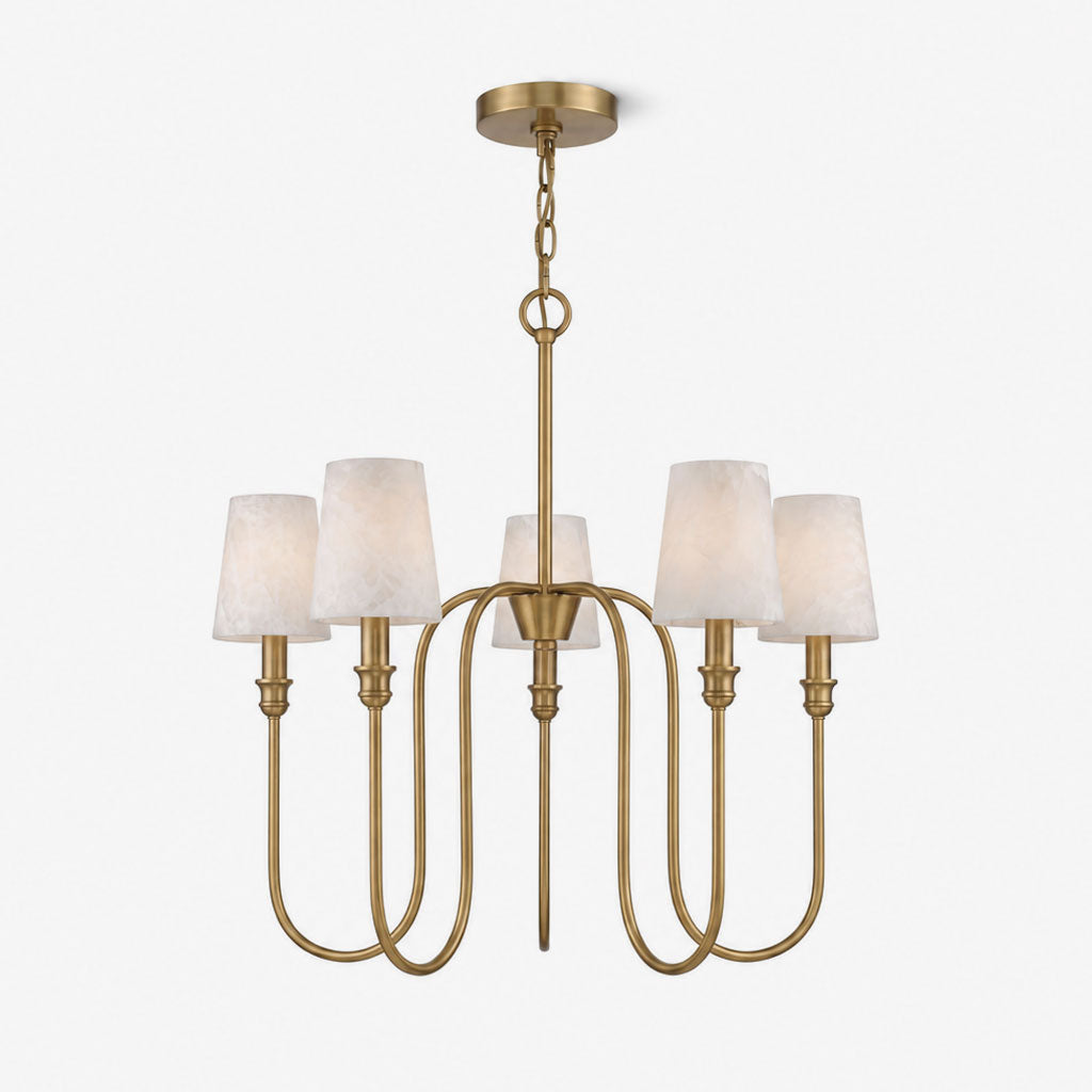 Catenary five-light chandelier with tapered shades and curved brass-finish arms