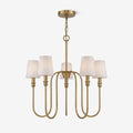 Catenary five-light chandelier with tapered shades and curved brass-finish arms