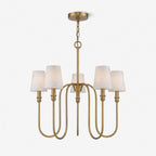 Catenary five-light chandelier with tapered shades and curved brass-finish arms