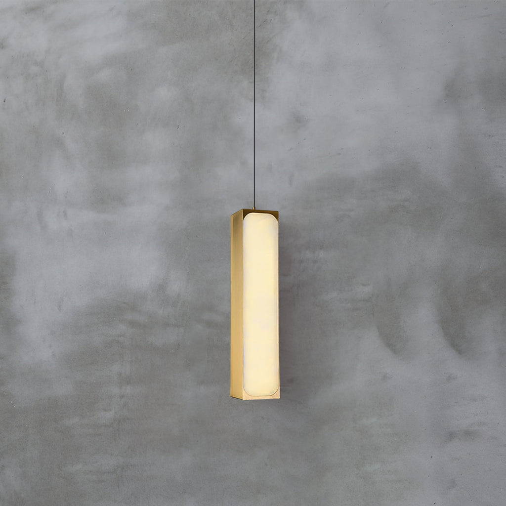 Chaos Alabaster Pendant Light — product setting and fixture profile, a slender stone cylinder suspended on fine cables (view 2)
