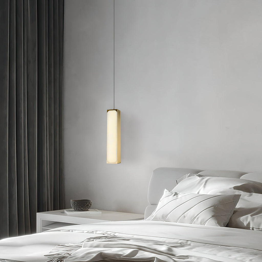 Chaos Alabaster Pendant Light — additional product view, a slender stone cylinder suspended on fine cables (view 3)