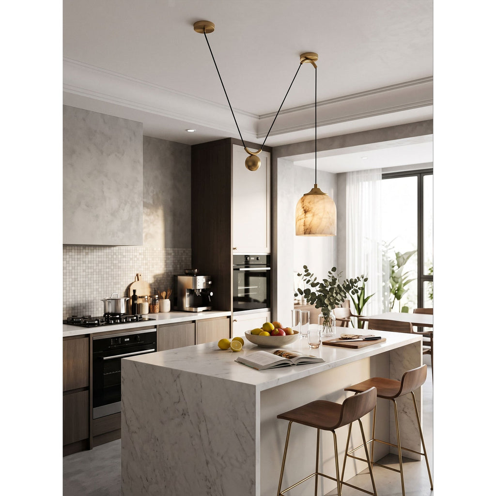 Chart Alabaster Counterweight Pendant Lamp — additional product view, a stone shade suspended with a counterweight system (view 3)