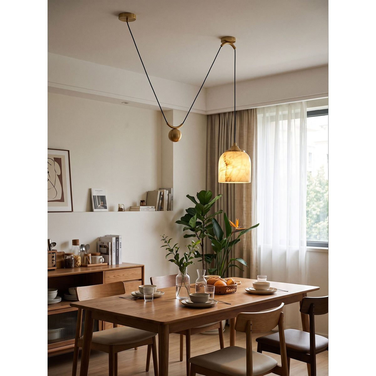 Chart Alabaster Counterweight Pendant Lamp — additional product view, a stone shade suspended with a counterweight system (view 4)