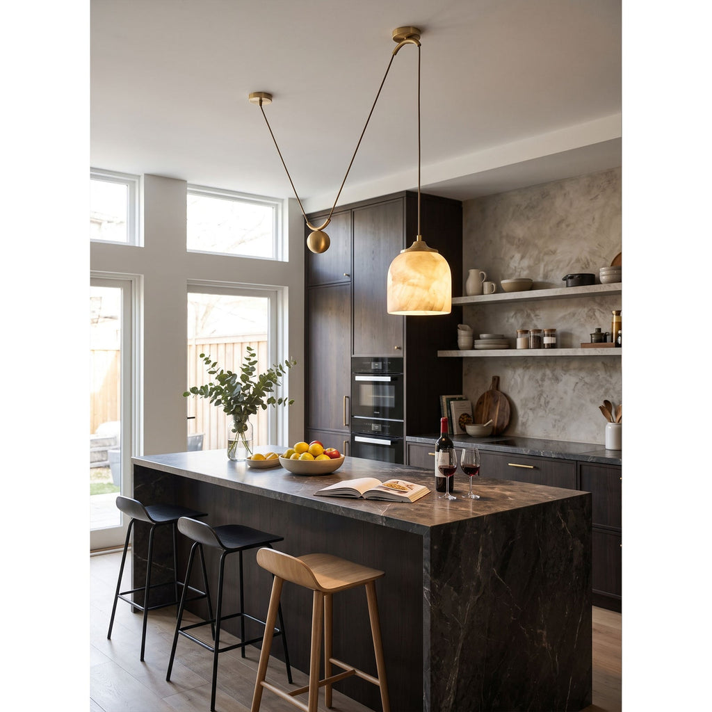 Chart Alabaster Counterweight Pendant Lamp — additional product view, a stone shade suspended with a counterweight system (view 5)