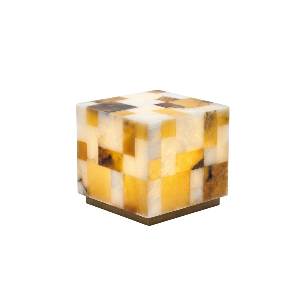 Checkerboard Alabaster Table Lamp — full fixture profile, a square lamp assembled from contrasting stone tiles (view 1)