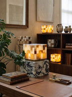 Checkerboard Alabaster Table Lamp — product setting and fixture profile, a square lamp assembled from contrasting stone tiles (view 2)