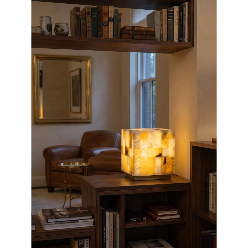 Checkerboard Alabaster Table Lamp — additional product view, a square lamp assembled from contrasting stone tiles (view 3)