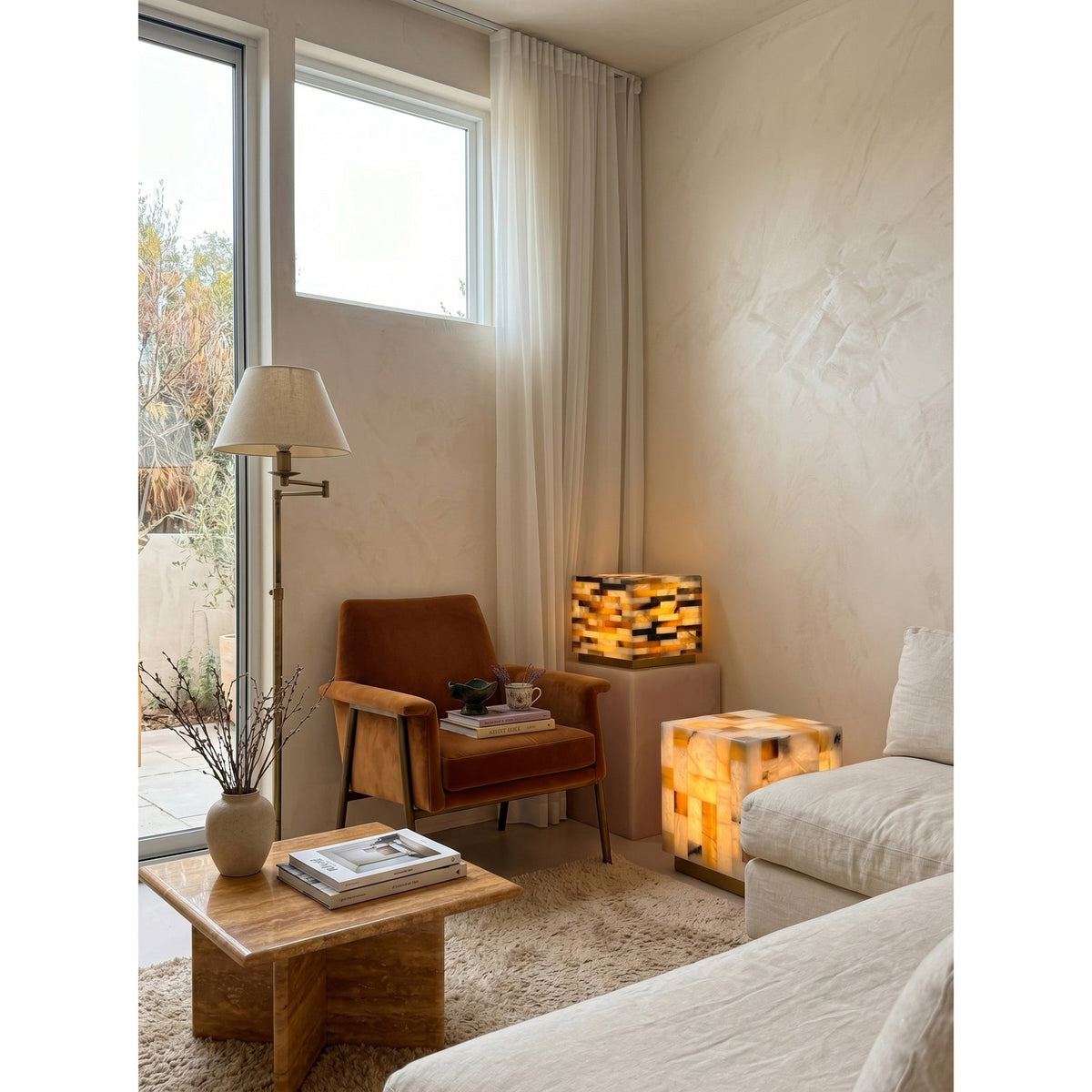 Checkerboard Alabaster Table Lamp — additional product view, a square lamp assembled from contrasting stone tiles (view 4)