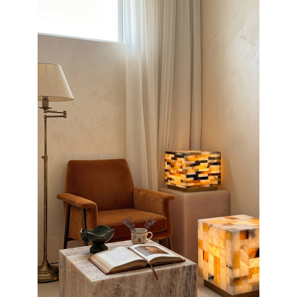 Checkerboard Alabaster Table Lamp — additional product view, a square lamp assembled from contrasting stone tiles (view 5)