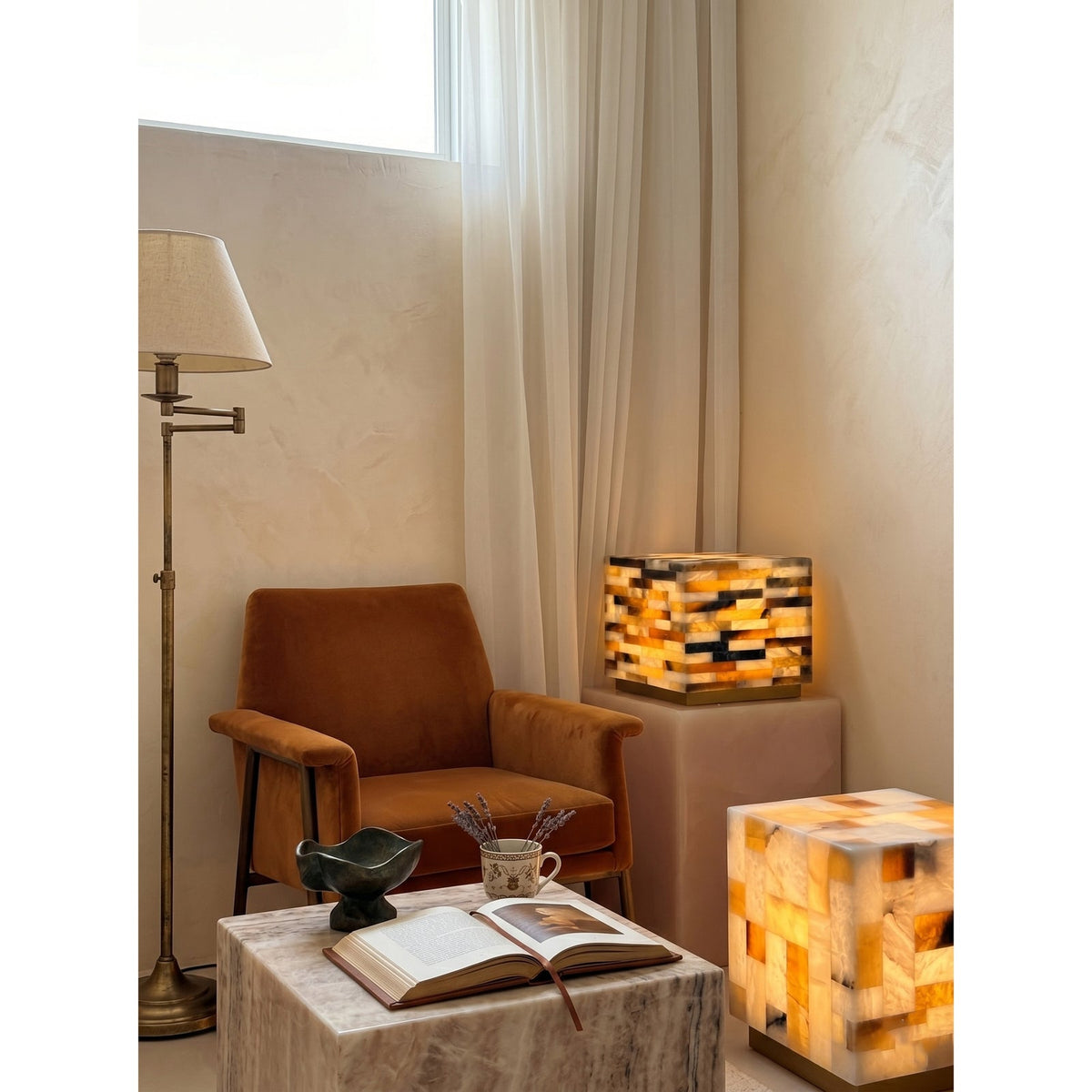 Checkerboard Alabaster Table Lamp — additional product view, a square lamp assembled from contrasting stone tiles (view 5)