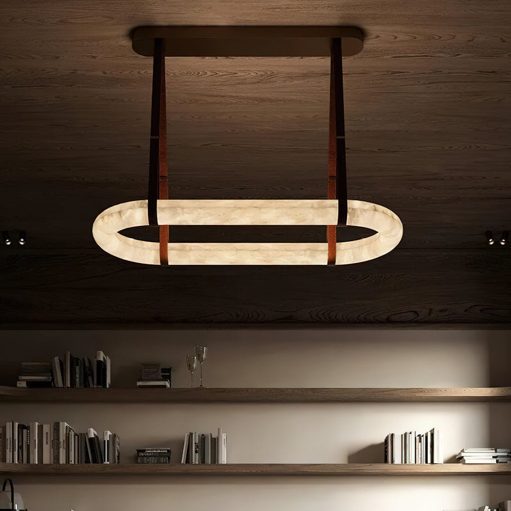 Circle Alabaster Chandelier — additional product view, an elongated stone loop suspended by leather-look straps (view 3)