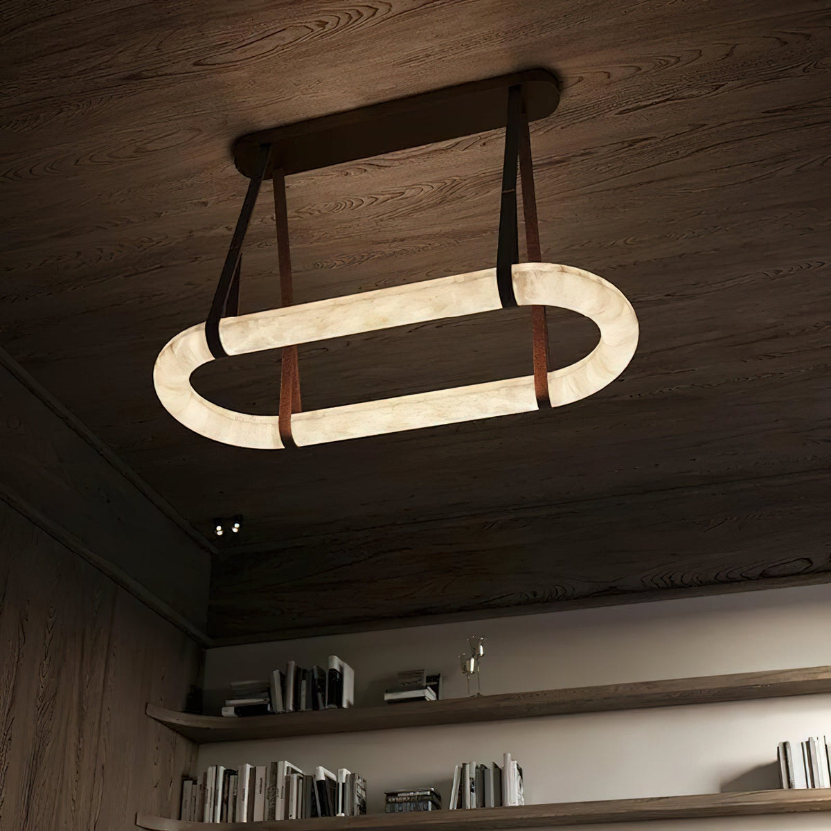 Circle Alabaster Chandelier — additional product view, an elongated stone loop suspended by leather-look straps (view 4)