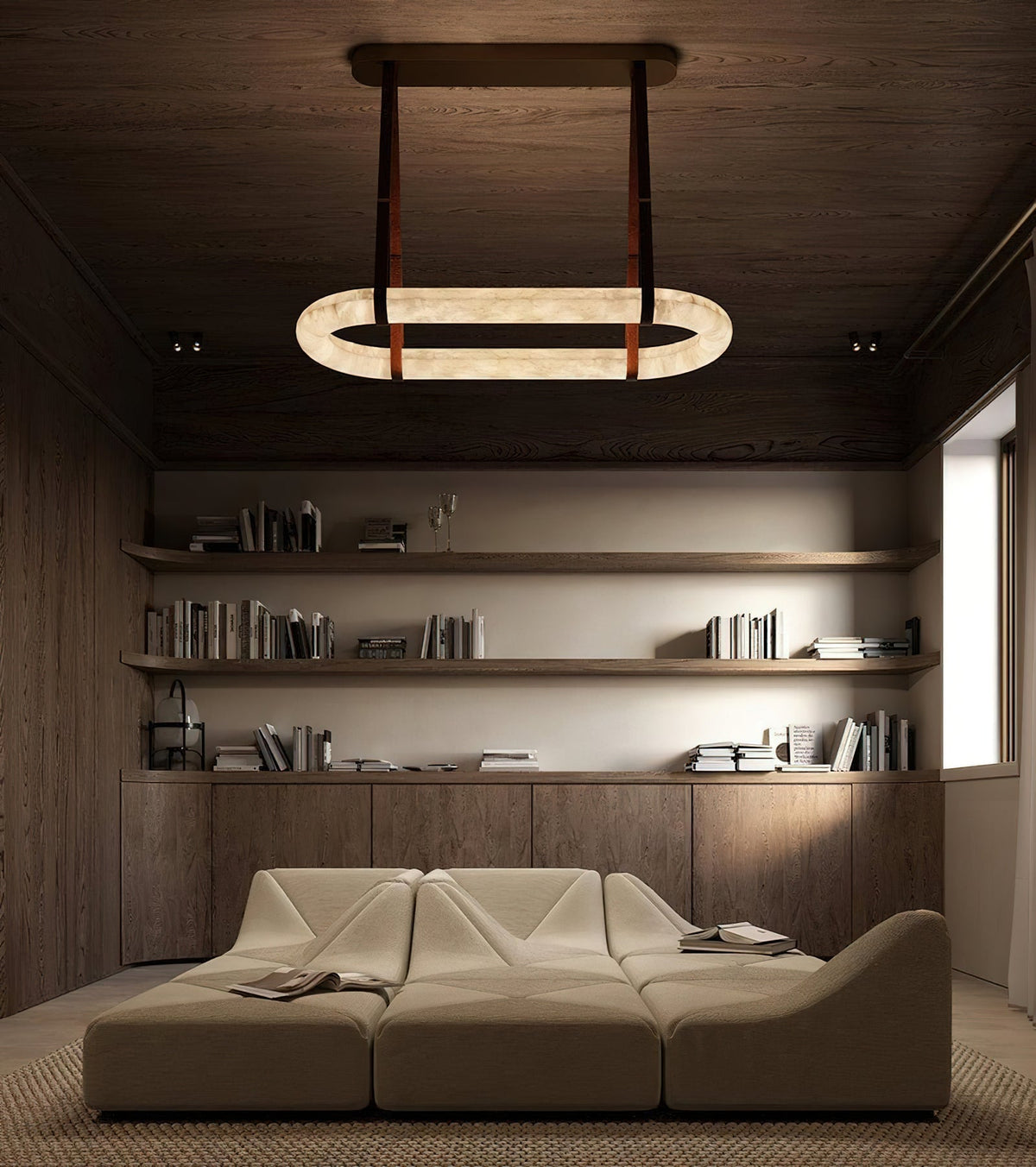 Circle Alabaster Chandelier — additional product view, an elongated stone loop suspended by leather-look straps (view 5)