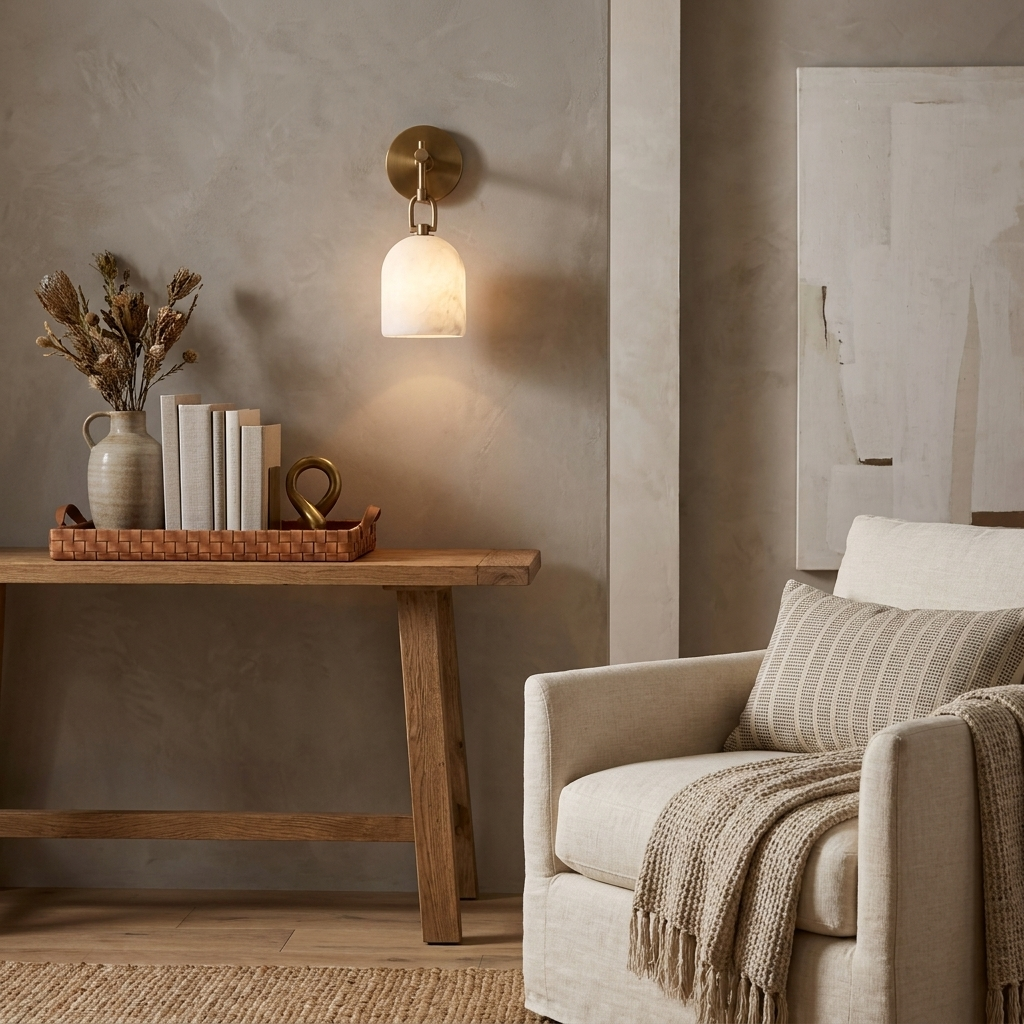Cloche Alabaster Wall Sconce — product setting and fixture profile, a stone dome hanging from a short arm and decorative link (view 2)