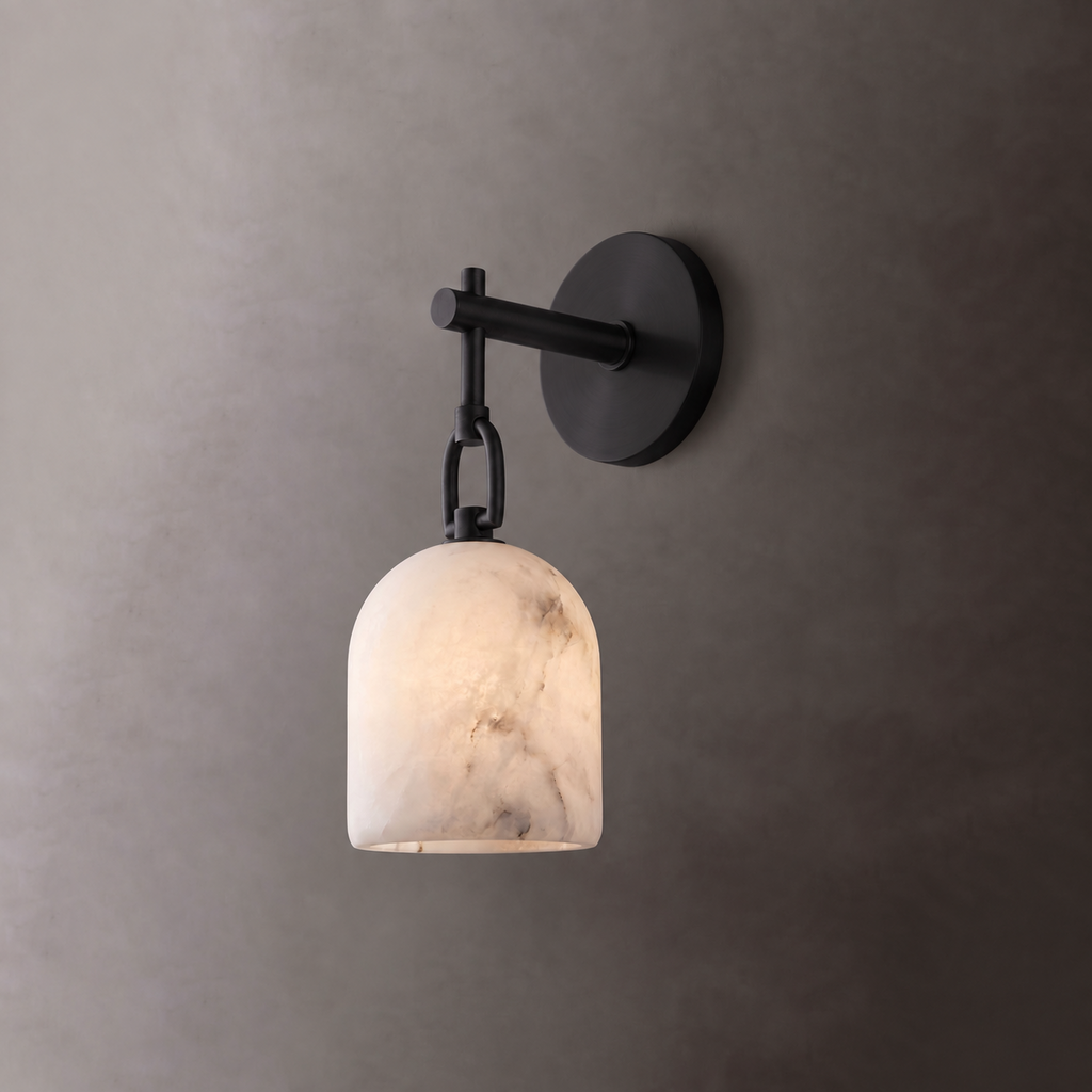 Cloche Alabaster Wall Sconce — additional product view, a stone dome hanging from a short arm and decorative link (view 4)