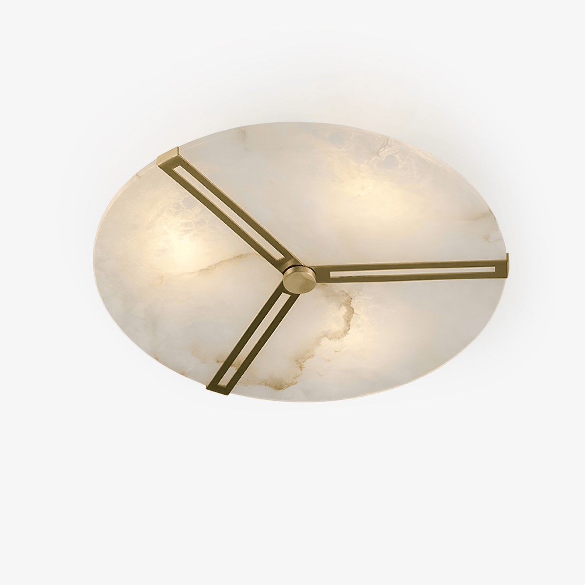 Clocks Alabaster Ceiling Light — full fixture profile, a circular stone face crossed by clock-hand-like metal accents (view 1)
