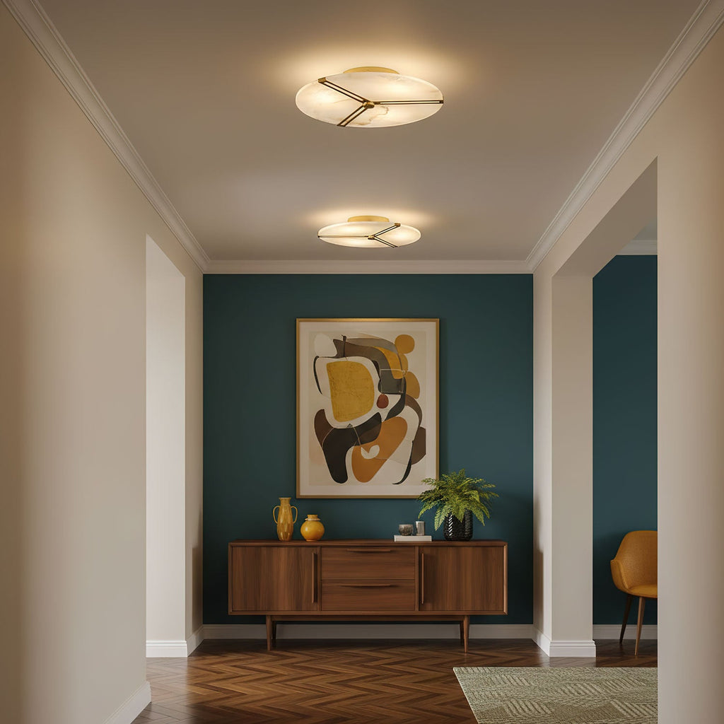 Clocks Alabaster Ceiling Light — additional product view, a circular stone face crossed by clock-hand-like metal accents (view 3)