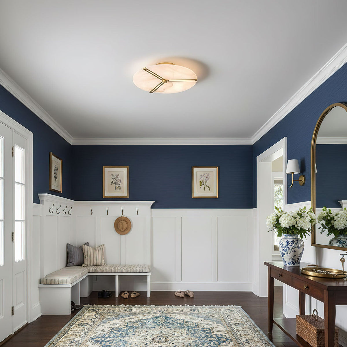 Clocks Alabaster Ceiling Light — additional product view, a circular stone face crossed by clock-hand-like metal accents (view 4)