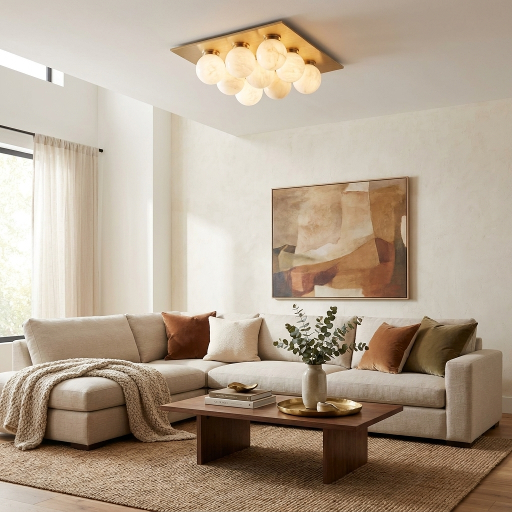 Cobble Alabaster Flush Mount — product setting and fixture profile, a close-mounted cluster of rounded stone shades (view 2)