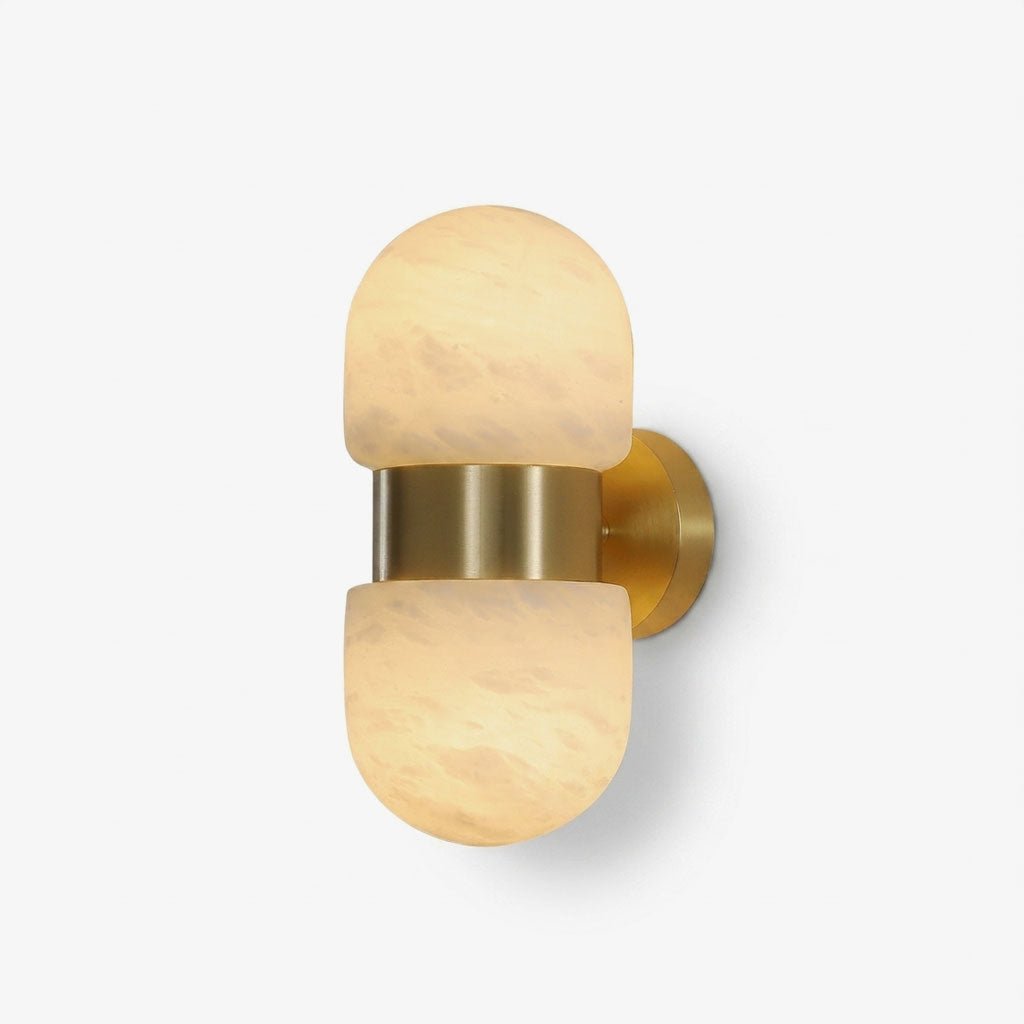 Cocoon Alabaster Wall Sconce — full fixture profile, two rounded stone forms stacked along a wall mount (view 1)