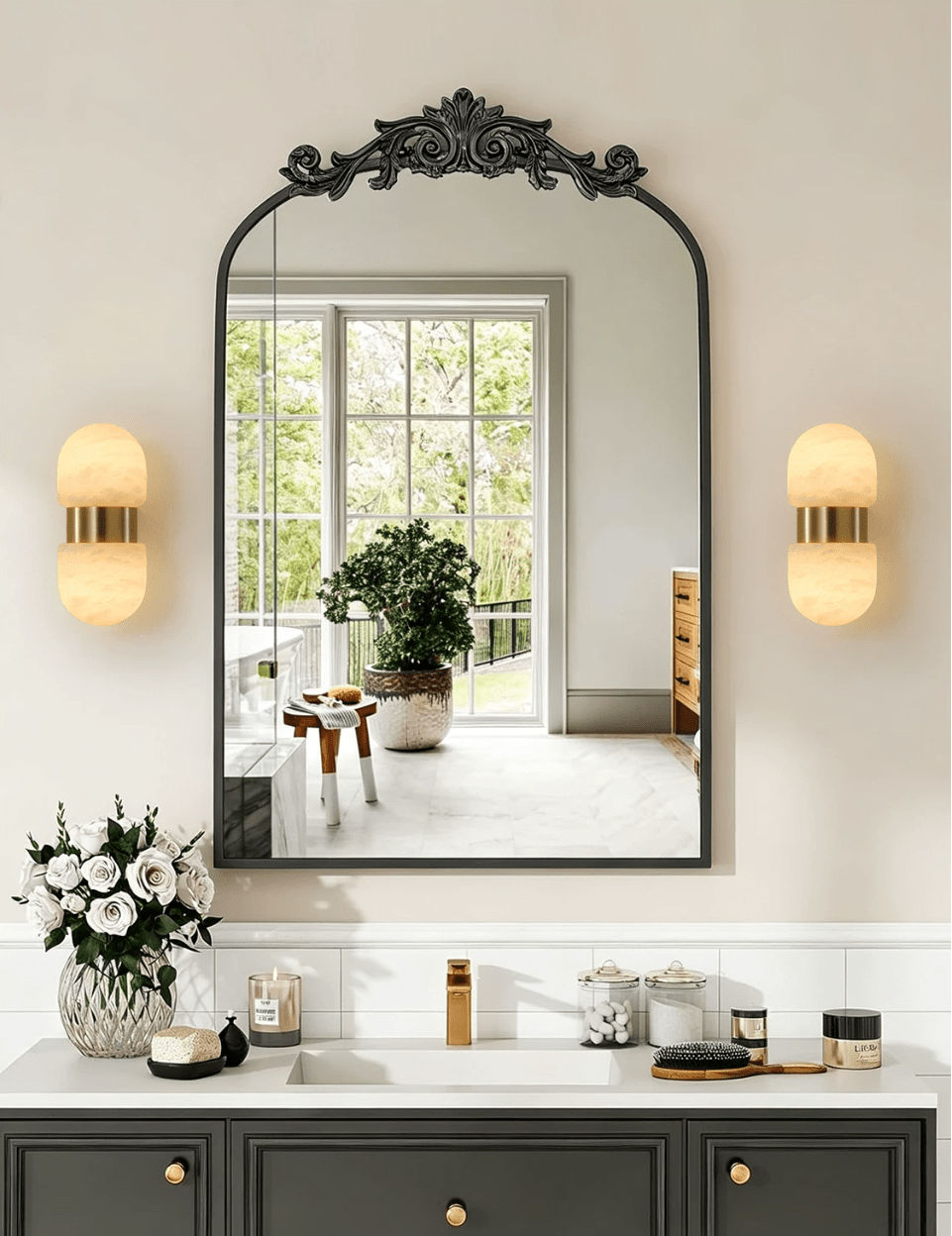 Cocoon Alabaster Wall Sconce — product setting and fixture profile, two rounded stone forms stacked along a wall mount (view 2)