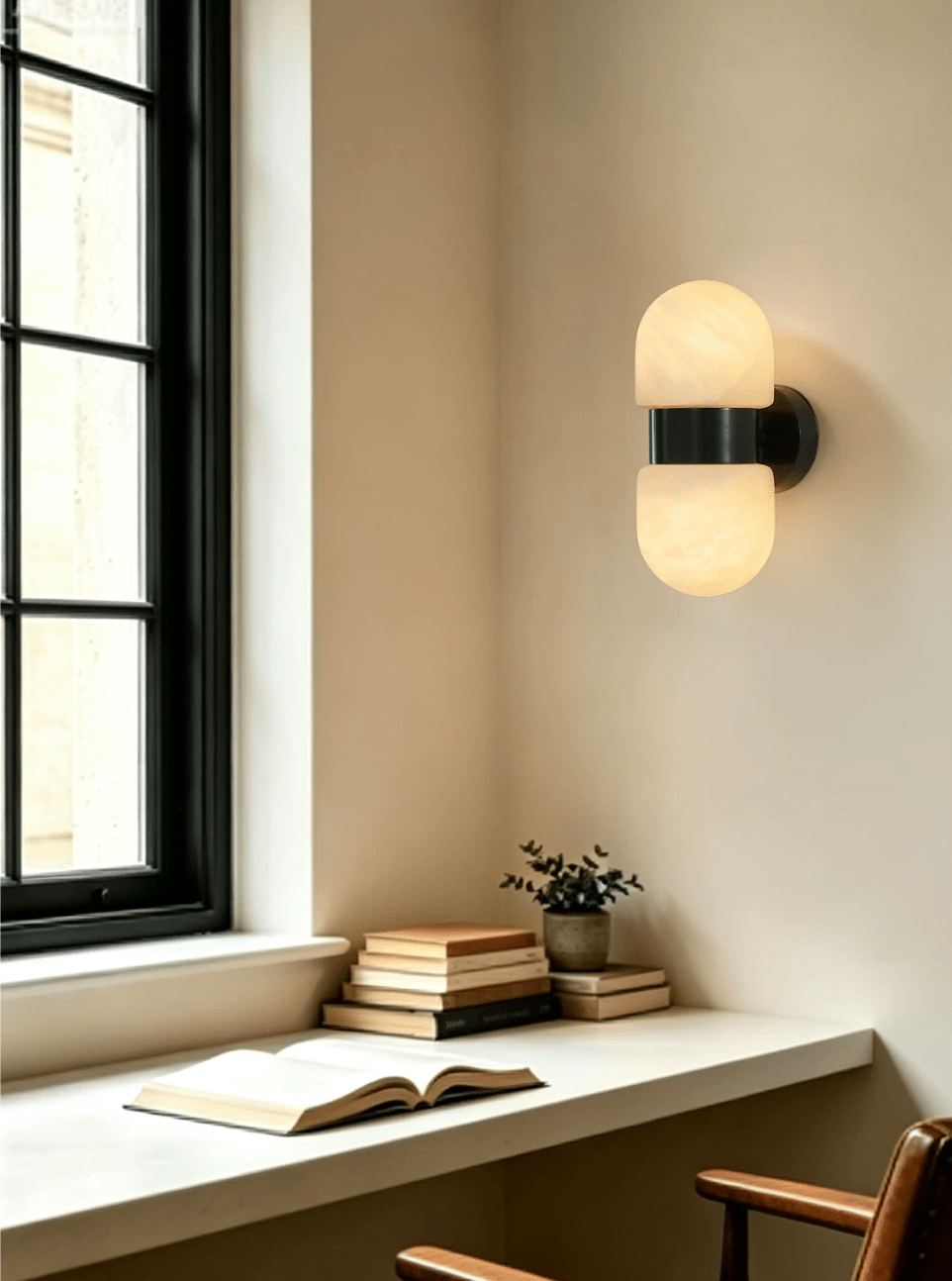 Cocoon Alabaster Wall Sconce — additional product view, two rounded stone forms stacked along a wall mount (view 3)