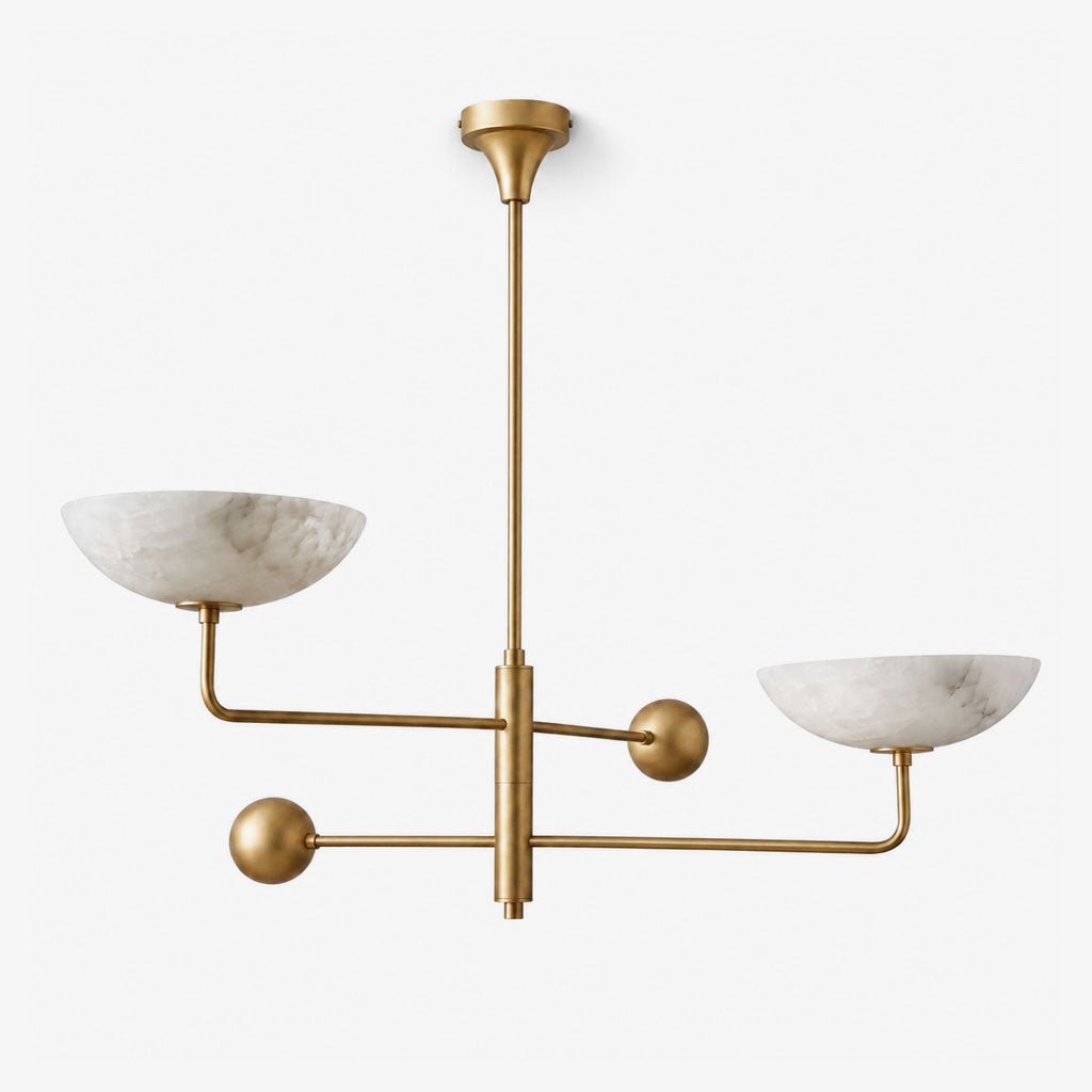 Compass Alabaster Bowl Chandelier — full fixture profile, two upward-facing stone bowls on crossing metal arms (view 1)