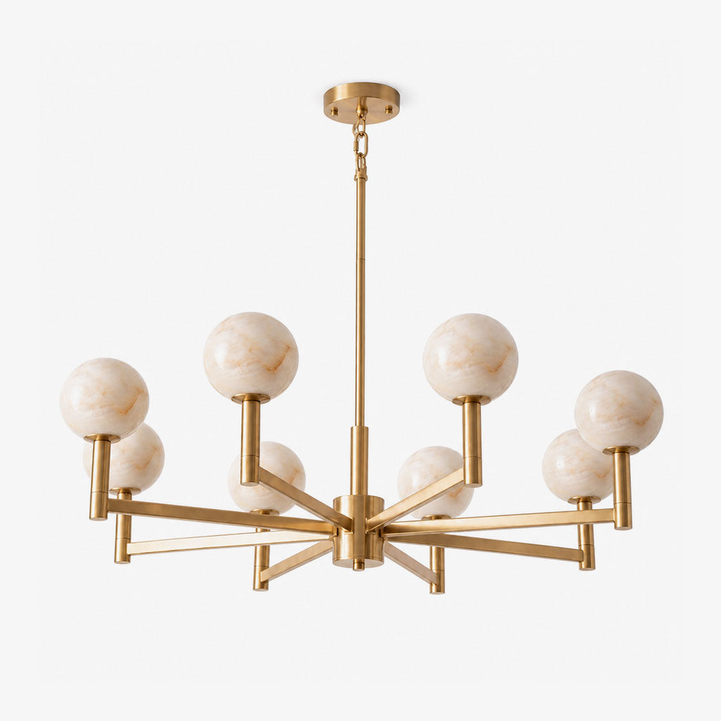 Compass Alabaster Chandelier — full fixture profile, stone globes arranged on crossing angular arms (view 1)