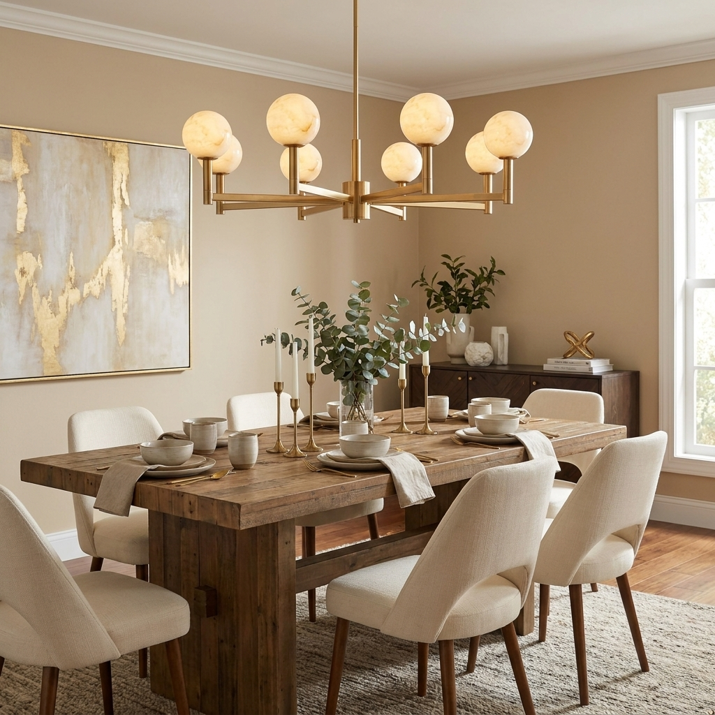 Compass Alabaster Chandelier — product setting and fixture profile, stone globes arranged on crossing angular arms (view 2)