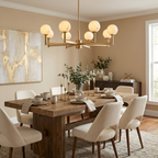 Compass Alabaster Chandelier — product setting and fixture profile, stone globes arranged on crossing angular arms (view 2)