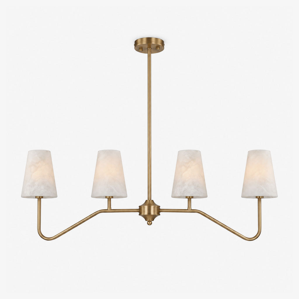 Corbel Alabaster Chandelier — full fixture profile, four stone cone shades on two mirrored metal arms (view 1)