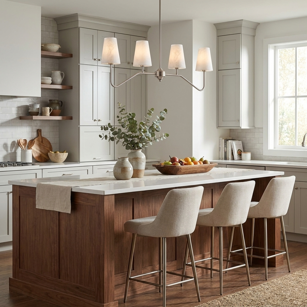 Corbel Alabaster Chandelier — additional product view, four stone cone shades on two mirrored metal arms (view 3)