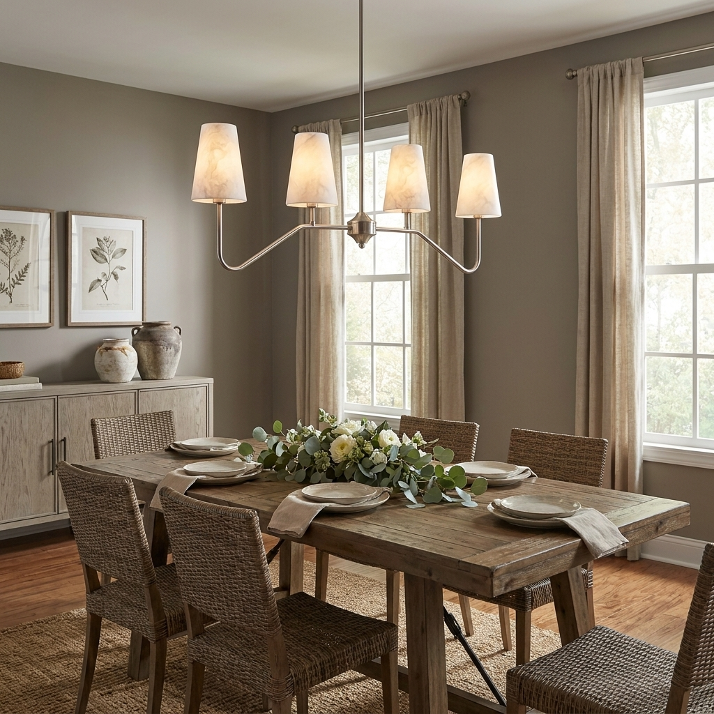 Corbel Alabaster Chandelier — additional product view, four stone cone shades on two mirrored metal arms (view 4)