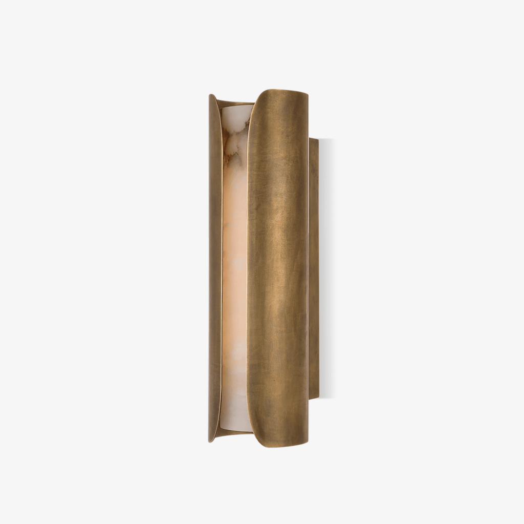Cradled Alabaster Sconce — full fixture profile, a vertical stone slab between curved metal panels (view 1)