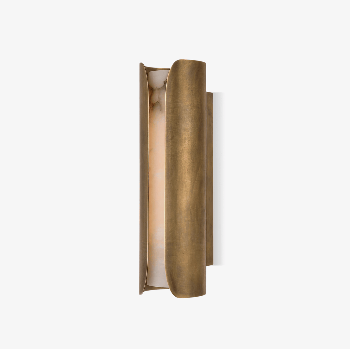 Cradled Alabaster Sconce — full fixture profile, a vertical stone slab between curved metal panels (view 1)
