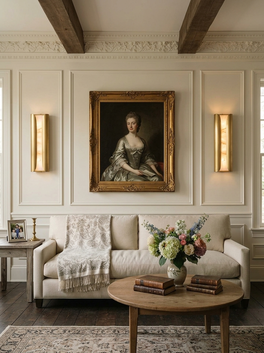 Cradled Alabaster Sconce — product setting and fixture profile, a vertical stone slab between curved metal panels (view 2)