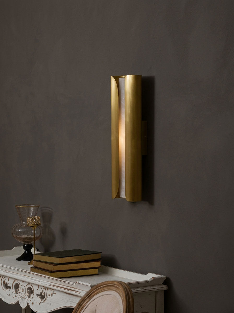 Cradled Alabaster Sconce — additional product view, a vertical stone slab between curved metal panels (view 4)