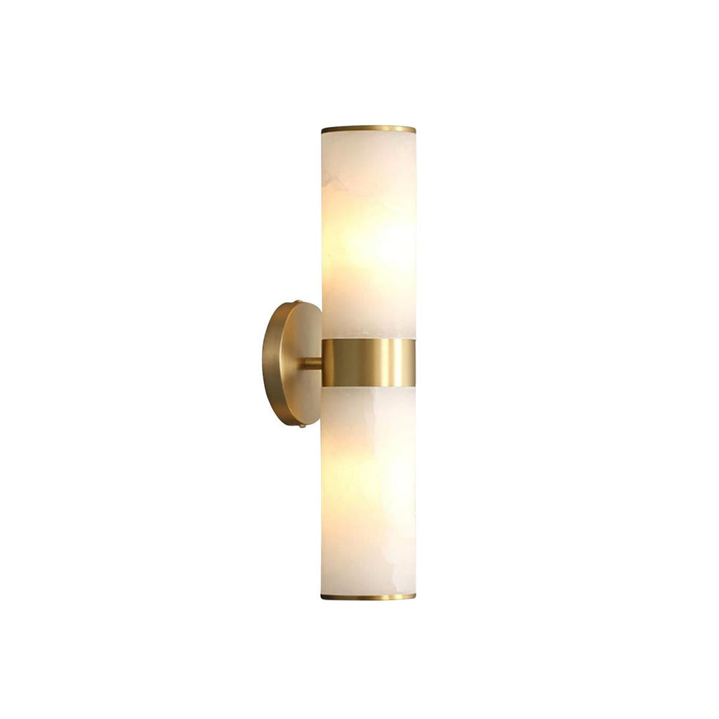 Crestmoor Vanity Alabaster Sconce — full fixture profile, two stone cylinders at opposite ends of a brass frame (view 1)